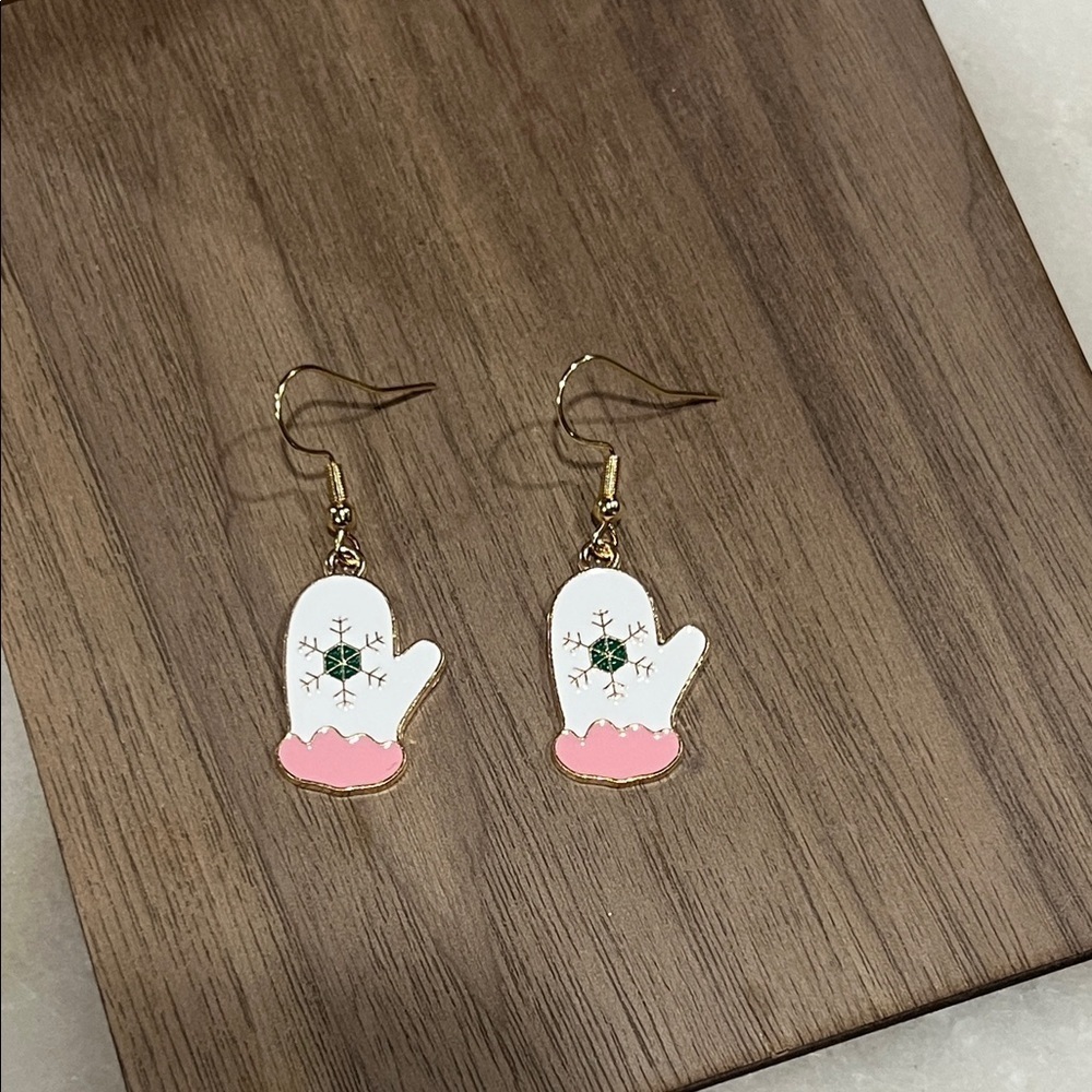 Pink and White Mitten Holiday Golden Stainless Steel Earrings